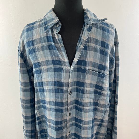 JOHN VARVATOS Blue Gray Plaid Linen Button-Down Collared Pocket Shirt Top Size L - Picture 2 of 8